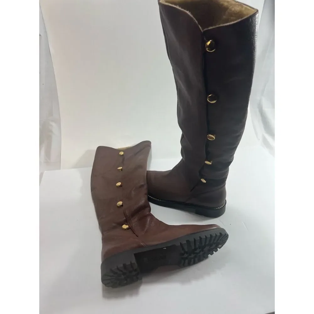 Michael Kors Womens Riding Boots Brown Leather Knee High Faux Fur Lined 8.5 M